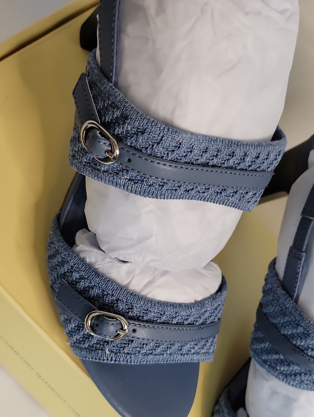 Light Blue Women's Knit Strap Heeled Sandals - Elegant Buckle Detail